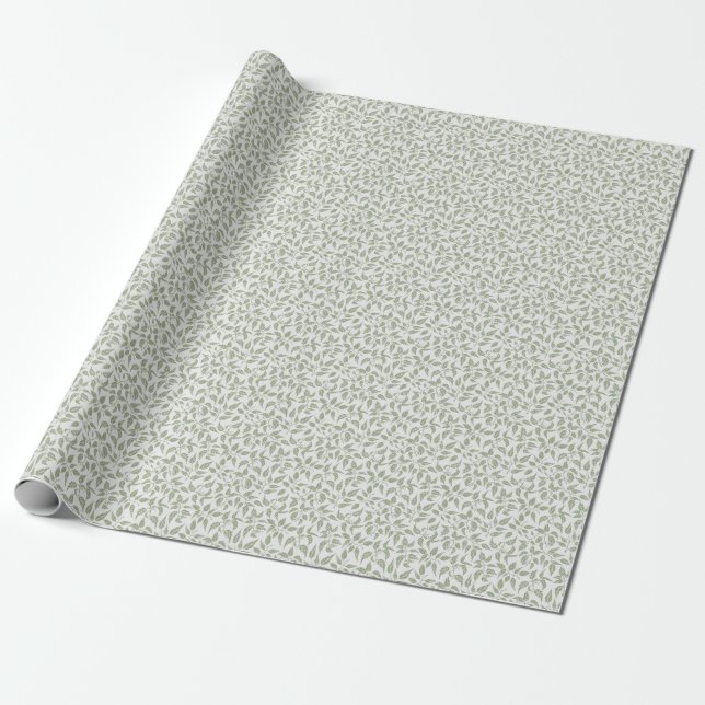 Papier Cadeau Feuillage Botanique Dense Vert Sauge Feuille Rusti (Déroulé)