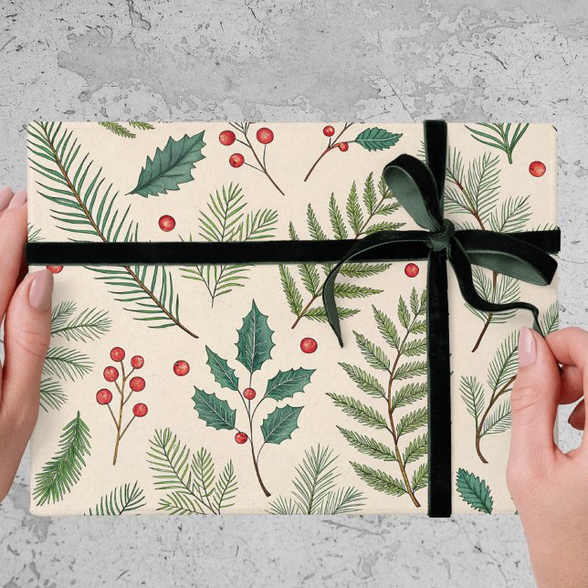 Papier Cadeau Feuillage de Noël Baies Rouges Pinède Fête (Créateur téléchargé)