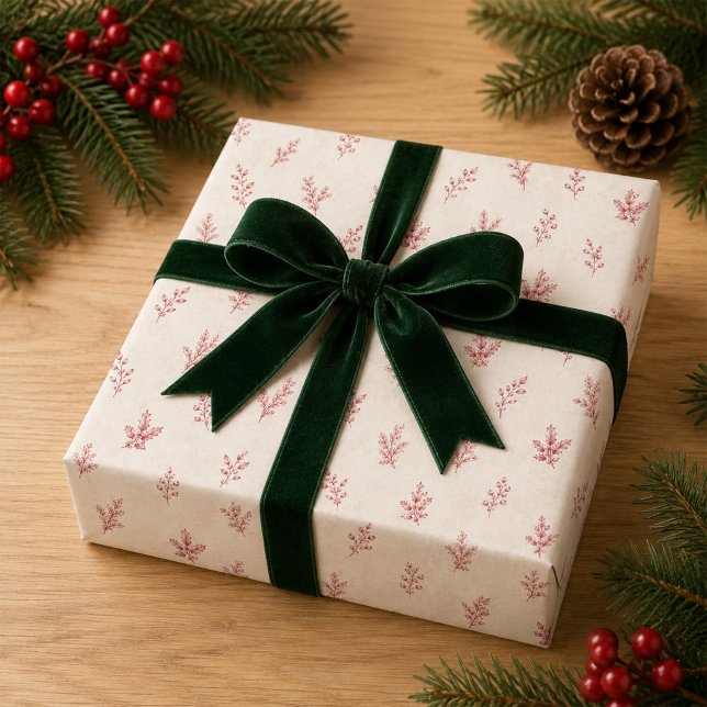 Papier Cadeau Feuillage de Noël Élégant Verture Rouge Fêtes (Elegant red botanical sprig wrapping paper brings vintage charm to Christmas gifts.)