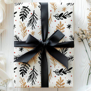 Papier Cadeau Feuillage de Noël noir et or moderne