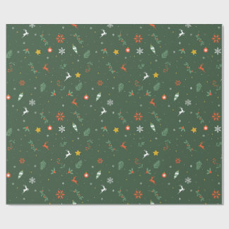 Papier Cadeau Feuillage de vacances vert, rennes et ornements en