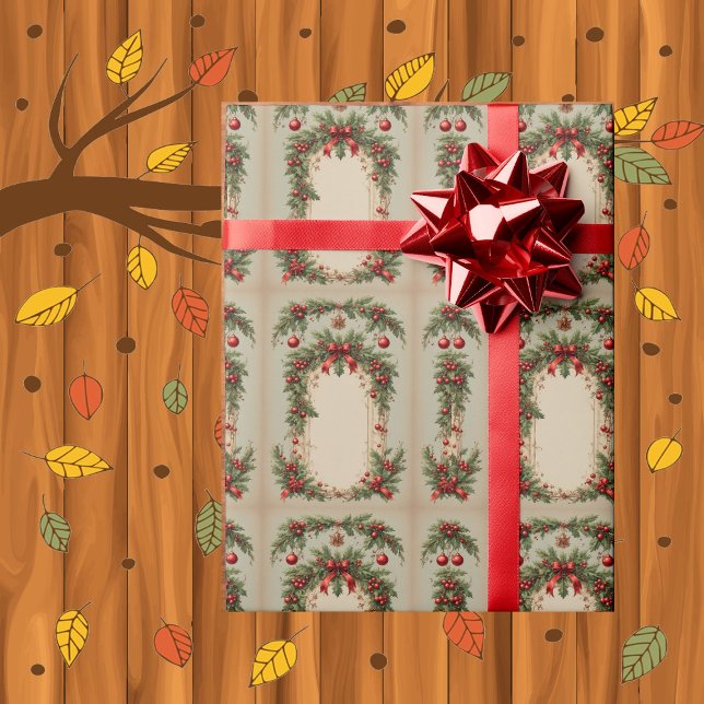 Papier Cadeau Feuillage de verdure de Noël de houx rustique roug (Rustic Holly Red Berry Christmas Greenery Foliage Wrapping Paper)