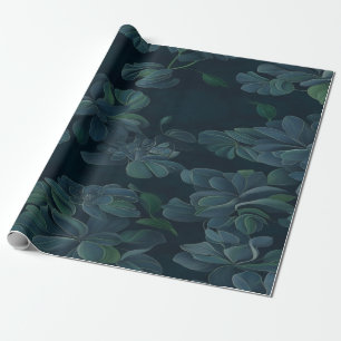 Papier Cadeau Feuillage enchanté : Feuilles verts sur bleu foncé