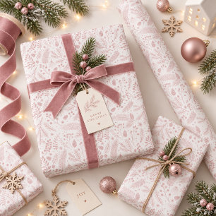 Papier Cadeau Feuillage hivernal rustique-chic ivoire rose pouss