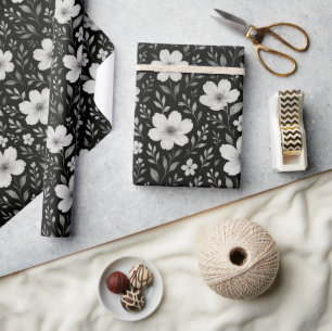 Papier Cadeau Feuille Classique Floral Art Motif Sur Grey Black
