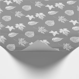 Papier Cadeau Feuille d'automne - gris argenté et blanc