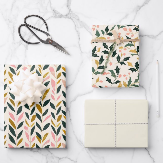 Papier Cadeau Feuille de Noël Vert ivoire Or rose (Recto)