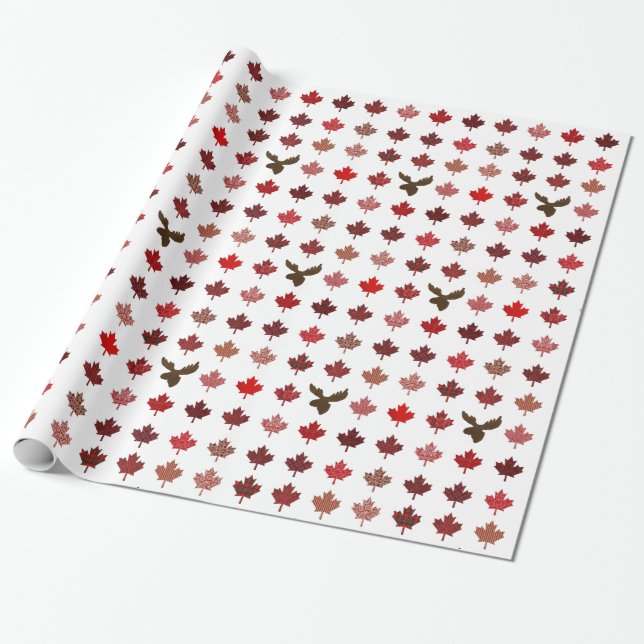 Papier Cadeau Feuille d'érable du Canada et orignaux (Déroulé)