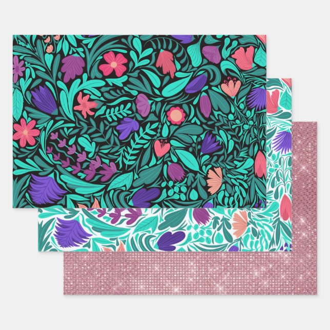 Papier Cadeau Feuille d'illustration Motif de fleurs noires prin (Lot)