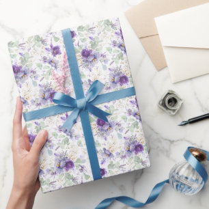 Papier Cadeau Feuille d'Or Botanique Florale Violet Pastel Délic