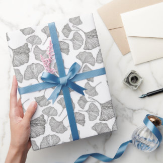 Papier Cadeau Feuille Ginkgo Papier à envelopper. Noir et blanc