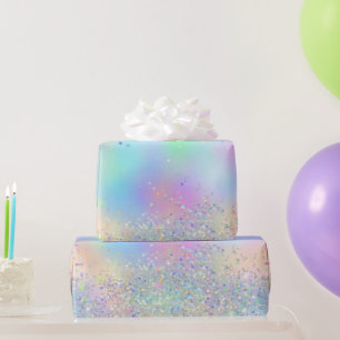 Papier Cadeau Feuille iridescente arc-en-ciel et paillettes holo