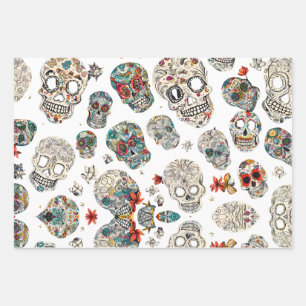 Papier Cadeau Feuille motif de crâne de sucre Jeu de 3