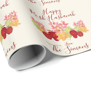 Papier Cadeau Feuilles aquarelles peintes à la main Pommes Rosh 