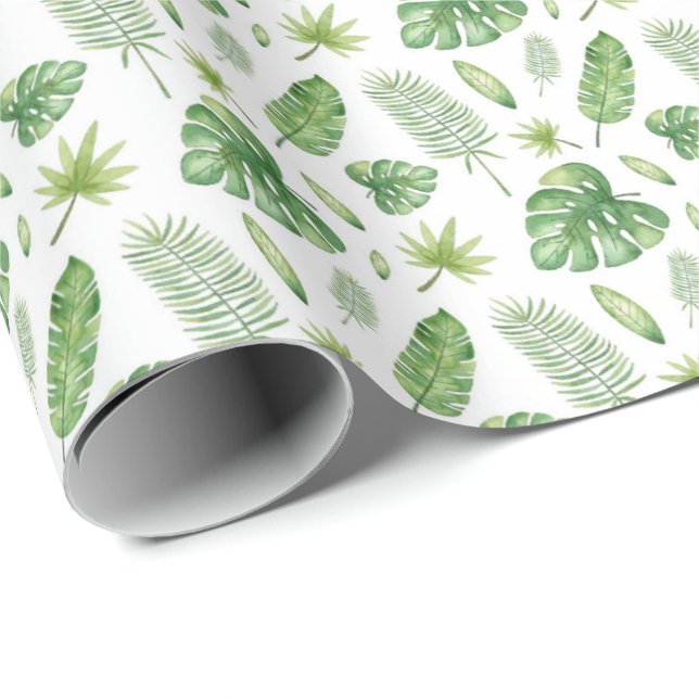 Papier Cadeau Feuilles aquarelles tropicales (Coin rond)