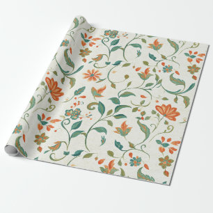 Papier Cadeau Feuilles bleu vintage et motifs floraux orange