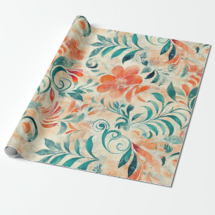 Papier Cadeau Feuilles bleus rustiques et motifs floraux rouge-o