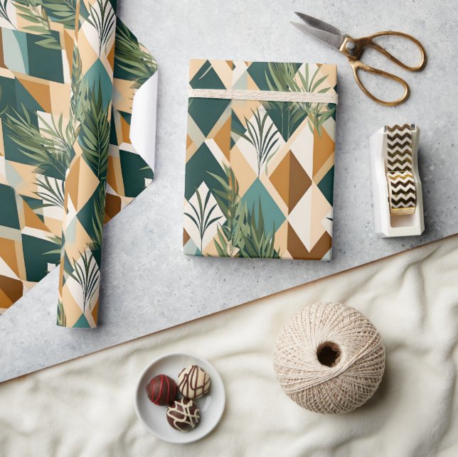 Papier Cadeau Feuilles Boho et Formes Géométriques (Artisanat)