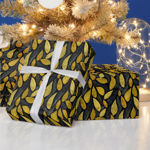 Papier Cadeau Feuilles Botaniques Élégantes Noires Dorées & Gris