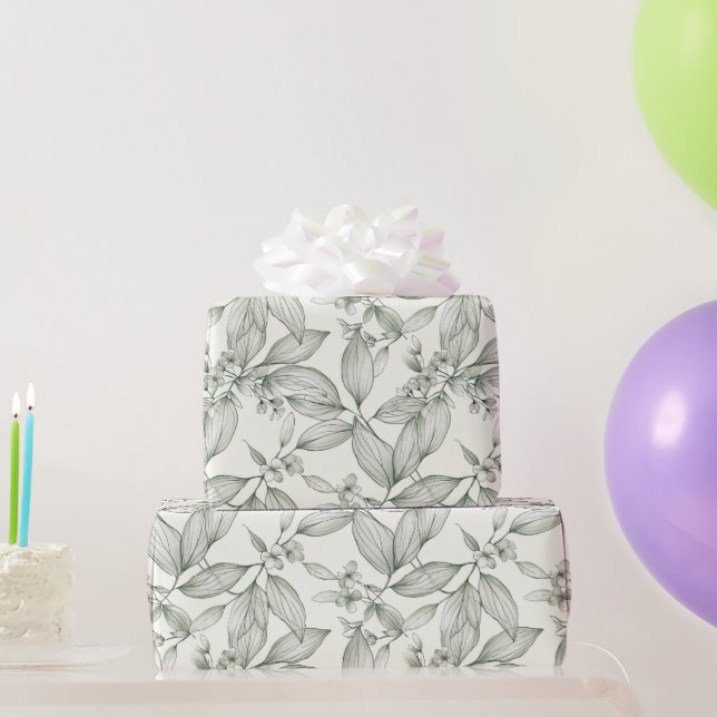 Papier Cadeau Feuilles botaniques lignes blanches (Cadeaux de fête)