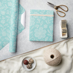 Papier Cadeau Feuilles Classiques Motif d'Art Floral sur Bleu Aq