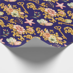 Papier Cadeau Feuilles d'acanthe en or sur fond bleu