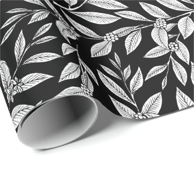 Papier Cadeau Feuilles d'arbre à café motif blanc (Coin rond)