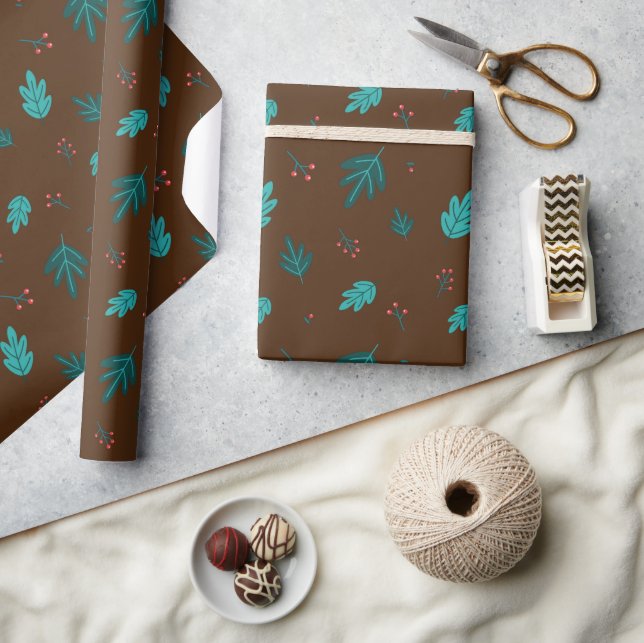 Papier Cadeau Feuilles d'arbre persistantes & Baies de houx roug (Artisanat)
