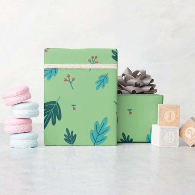Papier Cadeau Feuilles d'arbre persistantes & Baies de houx roug (Baby Shower)