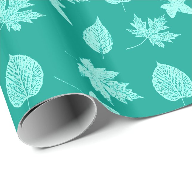 Papier Cadeau Feuilles d'automne - aqua et turquoise (Coin rond)