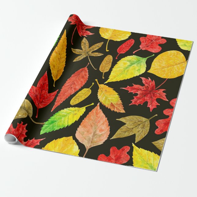 Papier Cadeau Feuilles d'automne aquarelle foncée (Déroulé)
