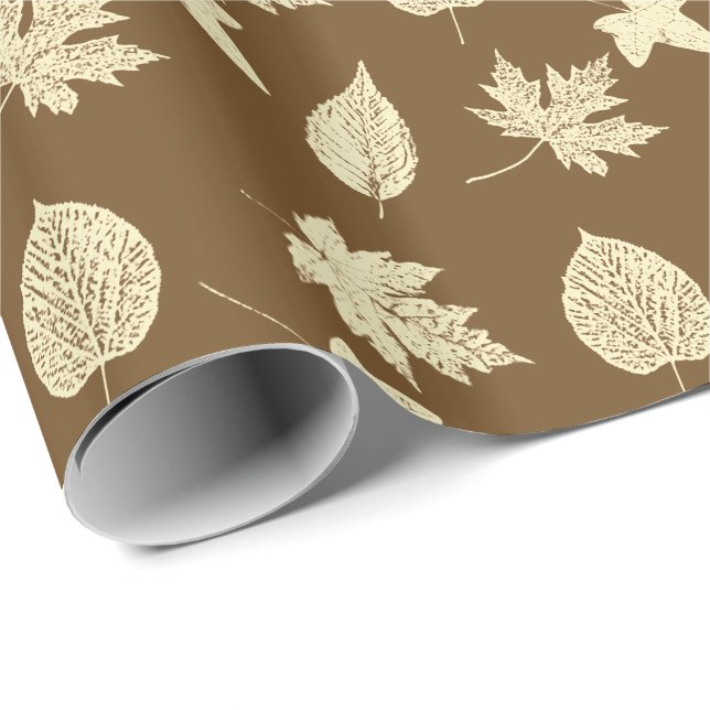 Papier Cadeau Feuilles d'automne - beige et chocolat (Coin rond)