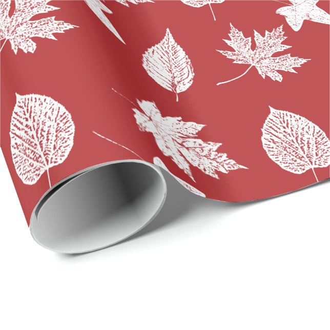 Papier Cadeau Feuilles d'automne - blanc et rouge foncé (Coin rond)