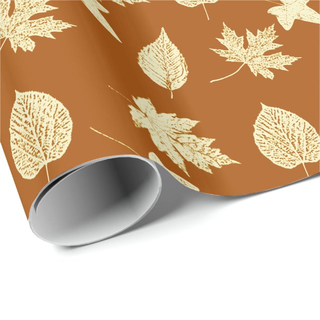 Papier Cadeau Feuilles d'automne - brun rouille et crème (Coin rond)