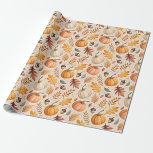 Papier Cadeau Feuilles d'automne Citrouilles Glands Couleurs d'a