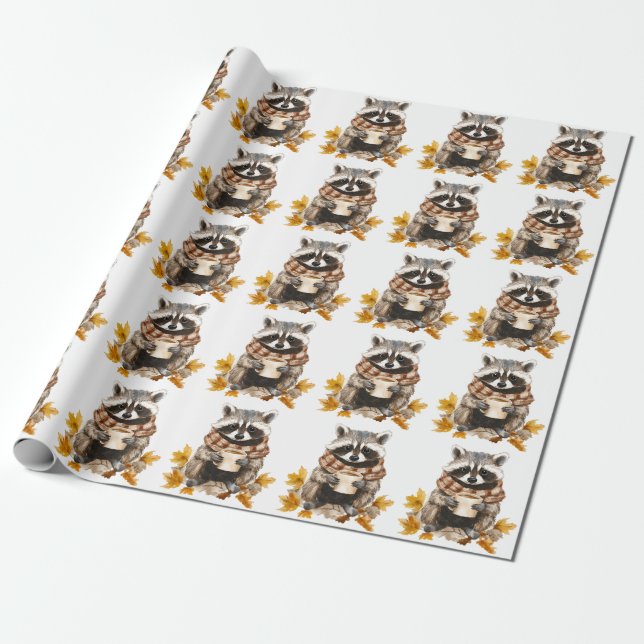 Papier Cadeau Feuilles d'automne confortable raccoon avec tasse  (Déroulé)