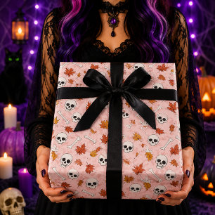 Papier Cadeau Feuilles d'automne crâne rose motif Halloween