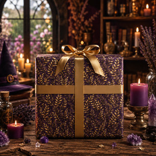 Papier Cadeau Feuilles d'automne dorées élégantes, prune profond