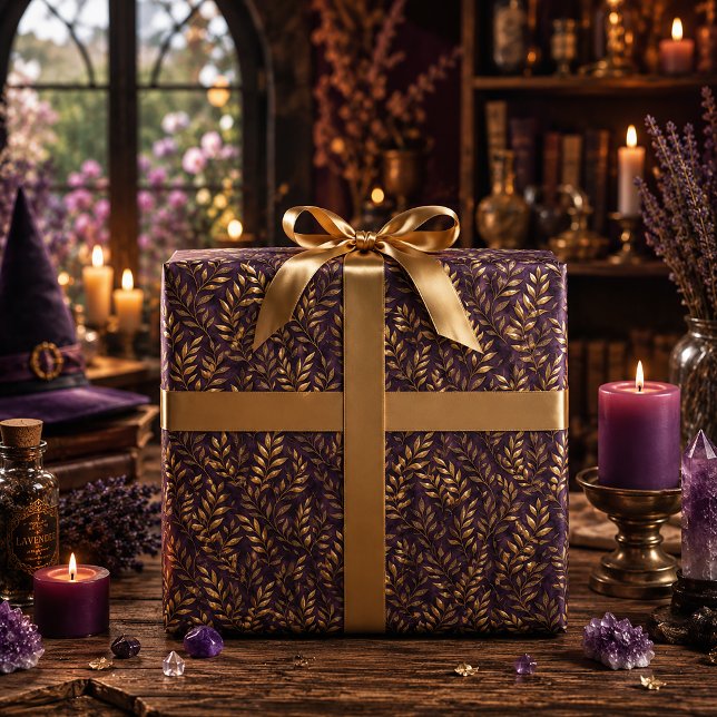 Papier Cadeau Feuilles d'automne dorées élégantes, prune profond (Créateur téléchargé)