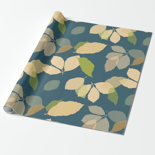 Papier Cadeau Feuilles d'automne modernes sur fond bleu sarcelle (Déroulé)