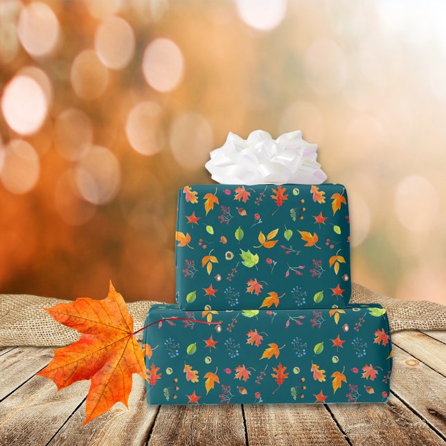 Papier Cadeau Feuilles d'automne Motif Aquarelle verte (Créateur téléchargé)