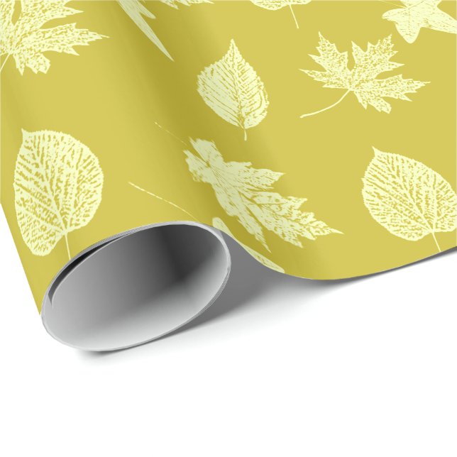 Papier Cadeau Feuilles d'automne - moutarde et jaune clair (Coin rond)