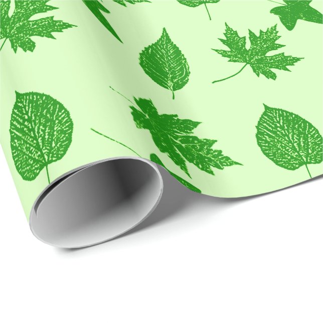 Papier Cadeau Feuilles d'automne - vert émeraude et vert citron (Coin rond)
