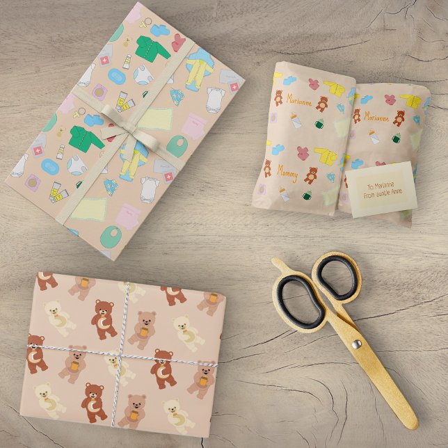 Papier cadeau Feuilles de bébés mignons/oursons (Cute baby stuff wrapping paper parcels)