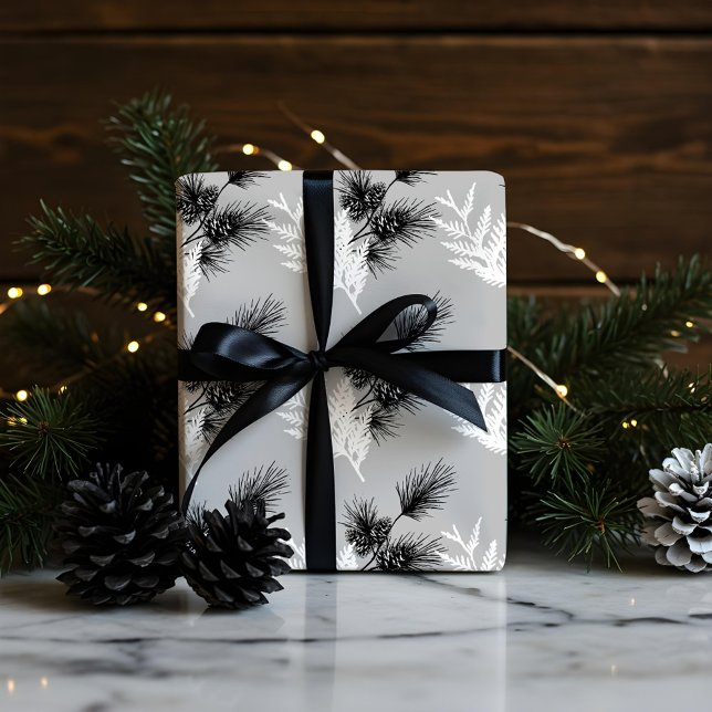 Papier Cadeau Feuilles de cèdre et pinecones monochromes minimes (Minimal Monochrome Festive Cedar Leaf & Pinecones Wrapping Paper)