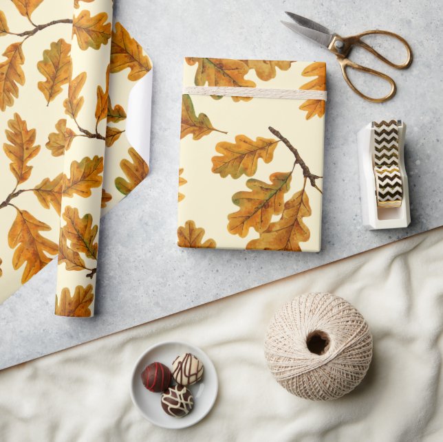 Papier Cadeau Feuilles de chêne automnal sur blanc (Artisanat)