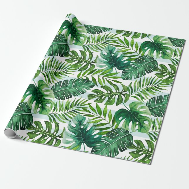 Papier Cadeau Feuilles de couleur d'eau tropicale, Monstera et P (Déroulé)