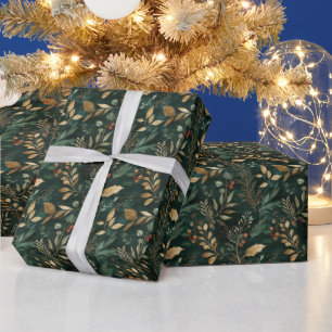 Papier Cadeau Feuilles de couleur or et floral séché
