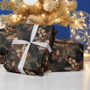 Papier Cadeau Feuilles de couleur or et floral séché