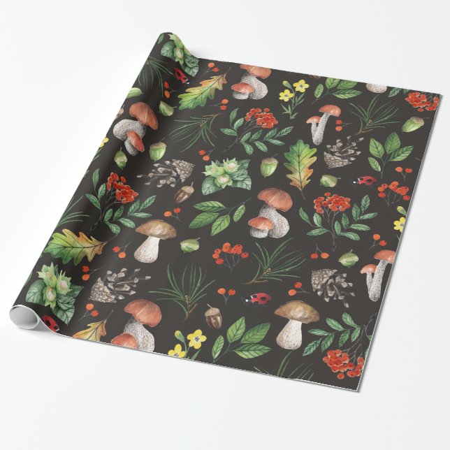 Papier Cadeau Feuilles de forêt automnale à l'aquarelle Champign (Déroulé)